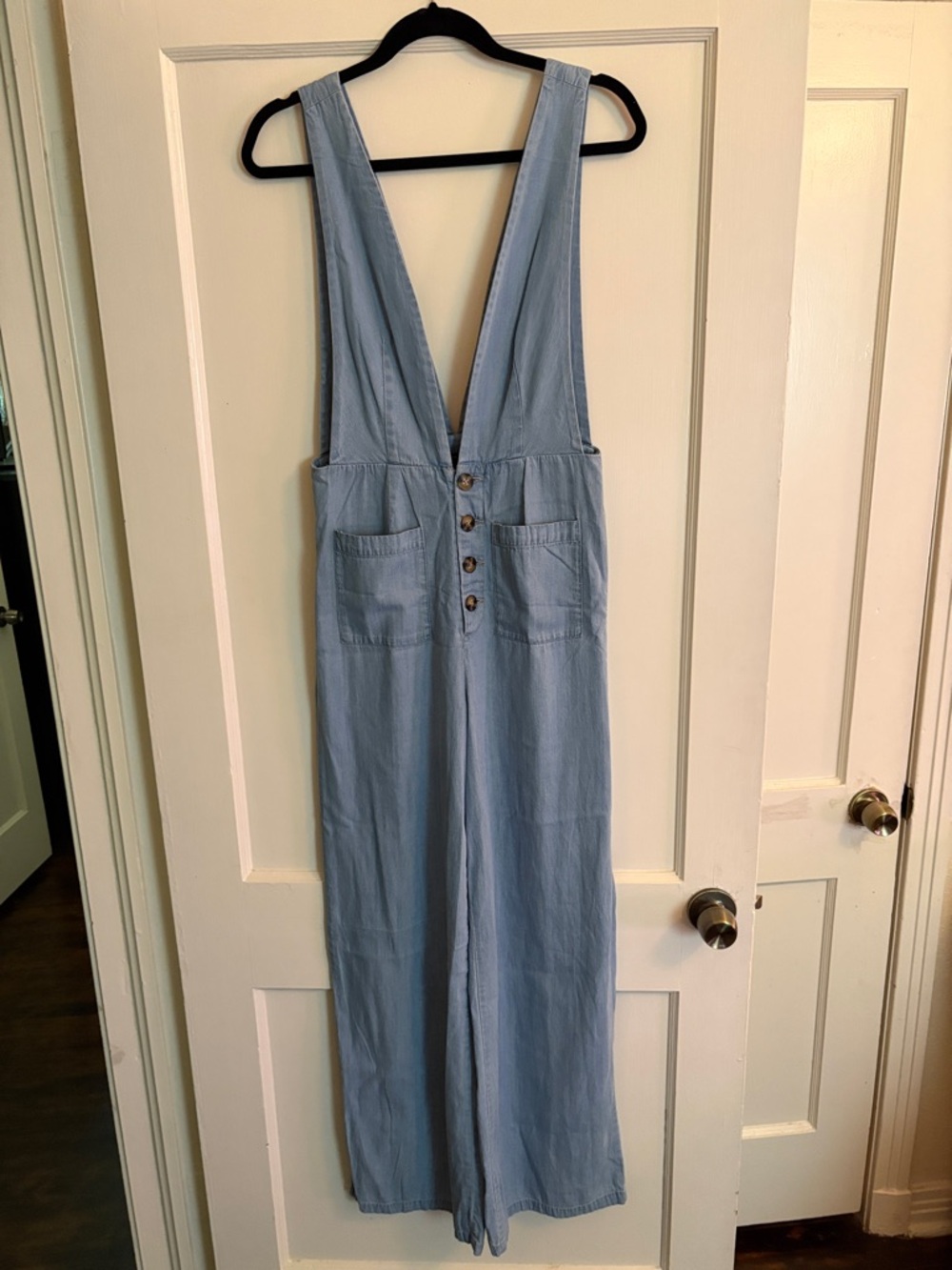 Forever 21 Light Blue Denim Button-Front Wide-Leg Jumpsuit